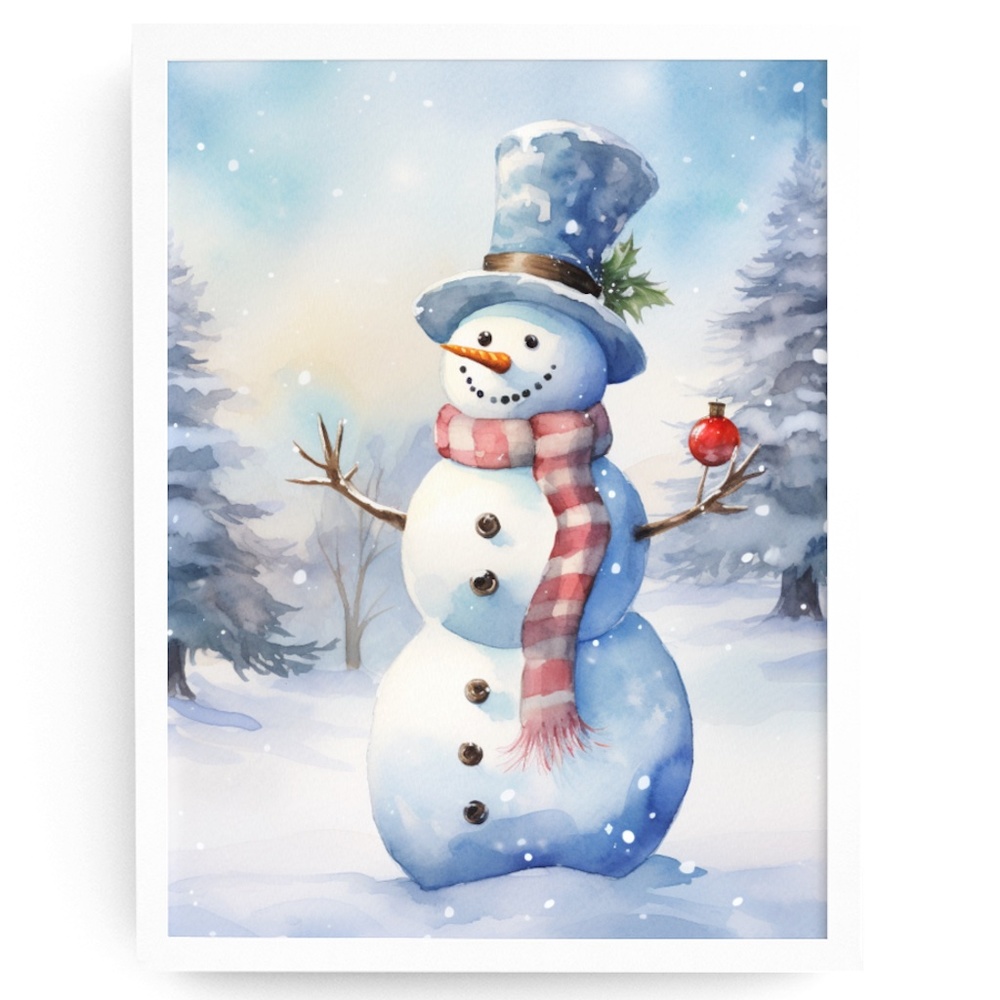 Watercolor Snowman Christmas Theme Wall Art Illustration Print Unframed